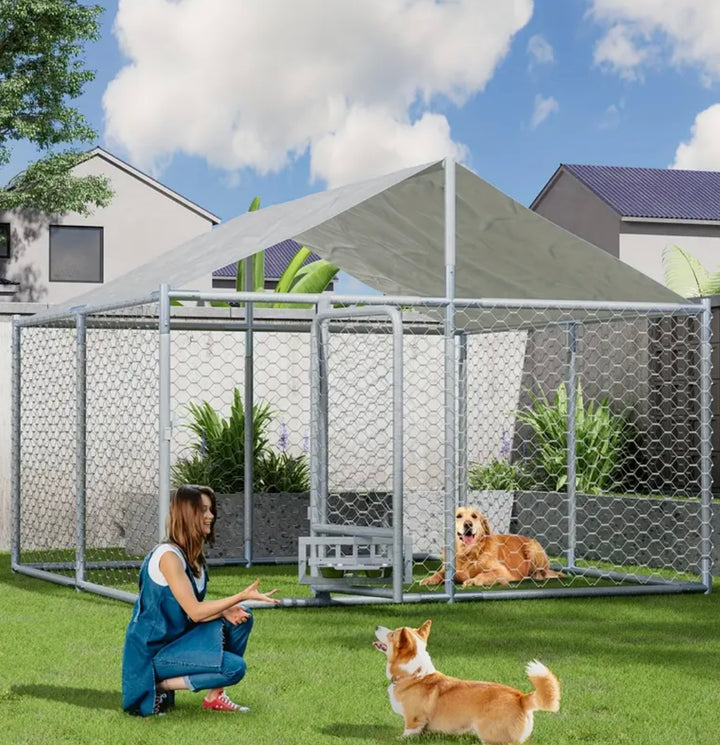 Outdoor Dog House - Large, Heavy-Duty Chain Link with Roof and Bowl - 7.5 x 7.5 x 5.6 Ft