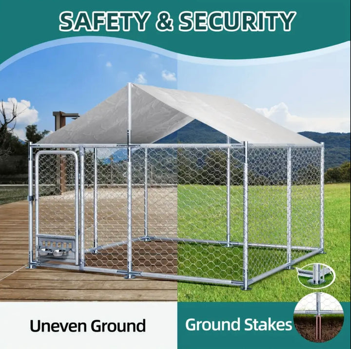 Outdoor Dog House - Large, Heavy-Duty Chain Link with Roof and Bowl - 7.5 x 7.5 x 5.6 Ft