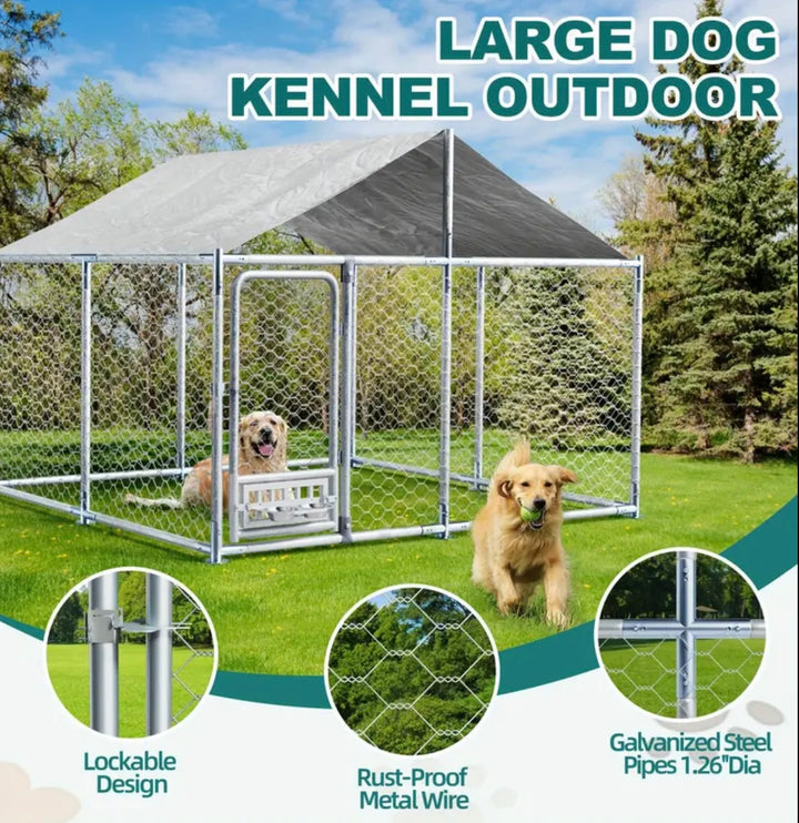 Outdoor Dog House - Large, Heavy-Duty Chain Link with Roof and Bowl - 7.5 x 7.5 x 5.6 Ft