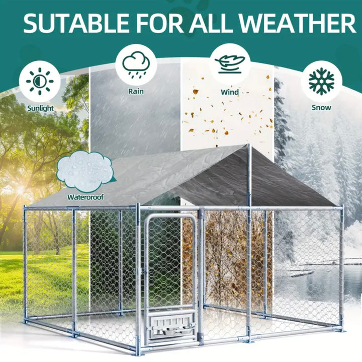 Outdoor Dog House - Large, Heavy-Duty Chain Link with Roof and Bowl - 7.5 x 7.5 x 5.6 Ft
