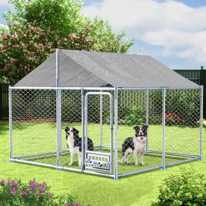 Outdoor Dog House - Large, Heavy-Duty Chain Link with Roof and Bowl - 7.5 x 7.5 x 5.6 Ft