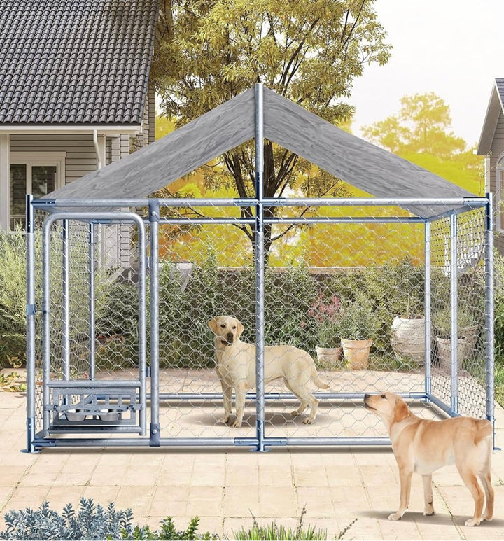 Outdoor Dog House - Large, Heavy-Duty Chain Link with Roof and Bowl - 7.5 x 7.5 x 5.6 Ft