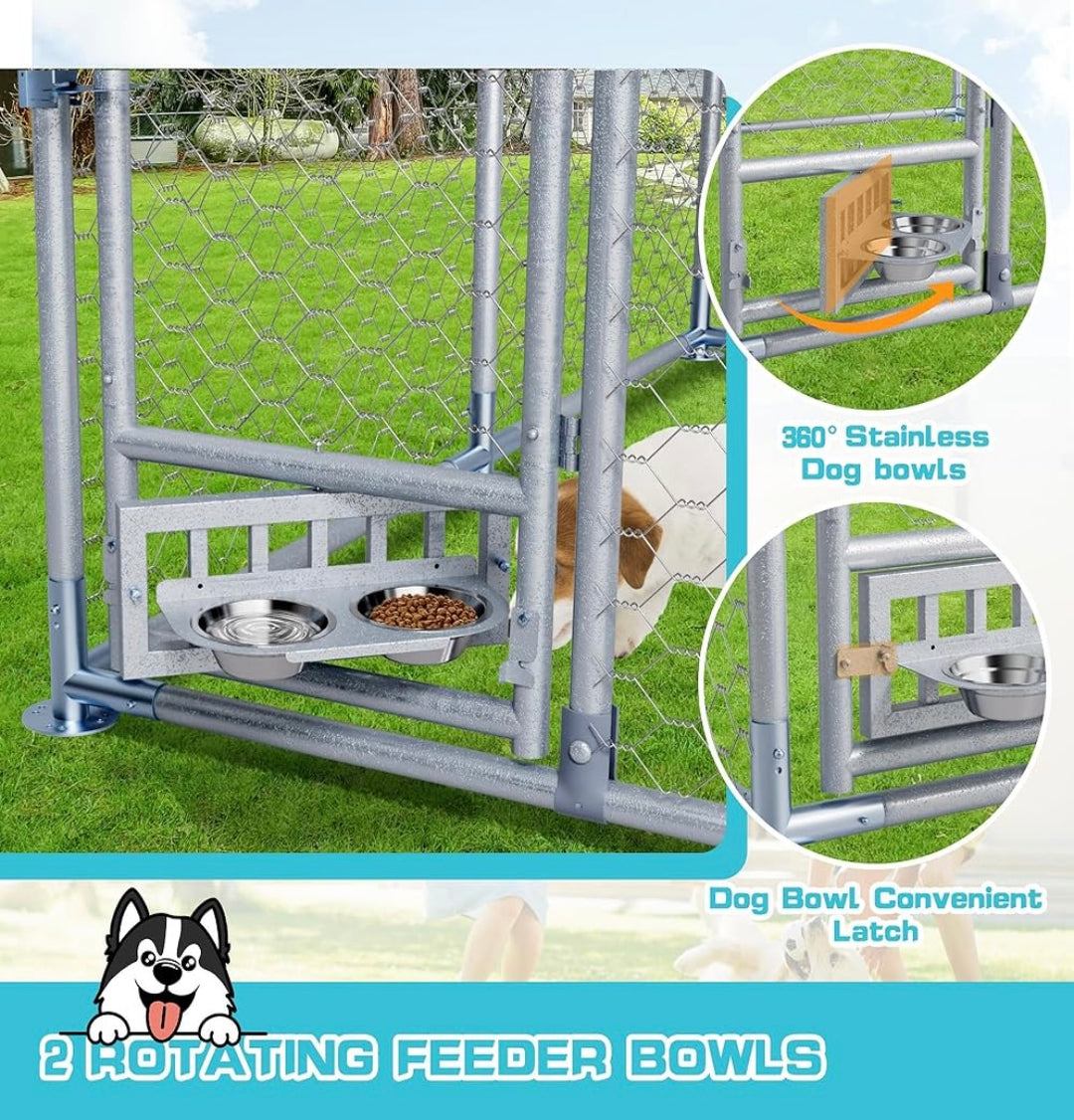 Outdoor Dog House - Large, Heavy-Duty Chain Link with Roof and Bowl - 7.5 x 7.5 x 5.6 Ft