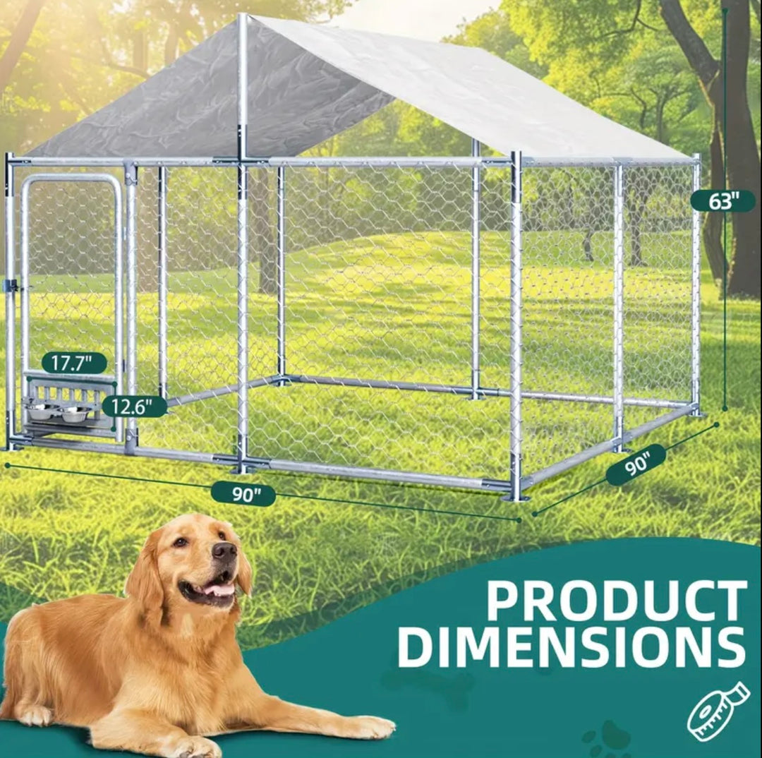 Outdoor Dog House - Large, Heavy-Duty Chain Link with Roof and Bowl - 7.5 x 7.5 x 5.6 Ft